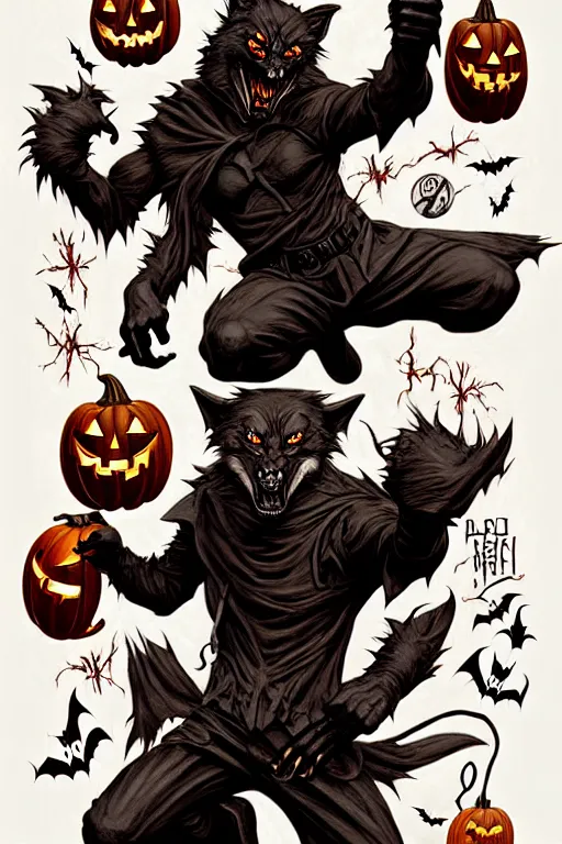 Image similar to concept art design illustration, halloween, werewolf, vampire, hunter, 1 6 colors, logo, ink drawing, art by jc leyendecker and sachin teng