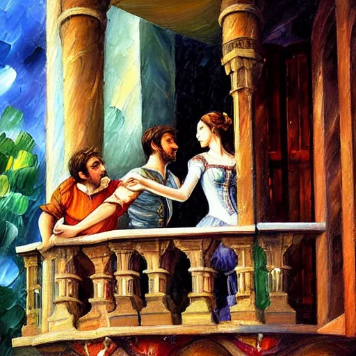 Image similar to highly detailed painting of shakespeare's romeo and juliet, balcony scene. juliet is at the balcony, romeo is in the street. intricate, high quality oil painting artstyle, in the style of leonid afremov, deviantart, figurative art, deviantart, ilya kuvshinov, lovecraftian, very detailed face, portrait