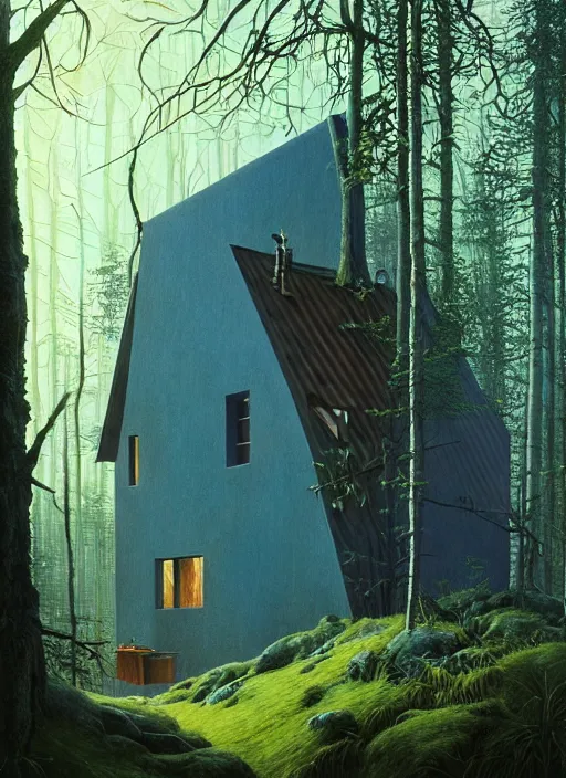 Image similar to hyper realistic witchy modern house with mood lighting and tech in the woods gorgeous lighting, blue sky, highly detailed, lush forest foliage painting by zdzisław beksinski and norman rockwell and greg rutkowski weta studio, and lucasfilm