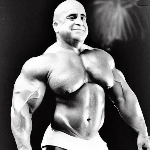 Prompt: photograph of danny devito as a professional bodybuilder, happy facial expression, black and white photograph, 3 5 mm