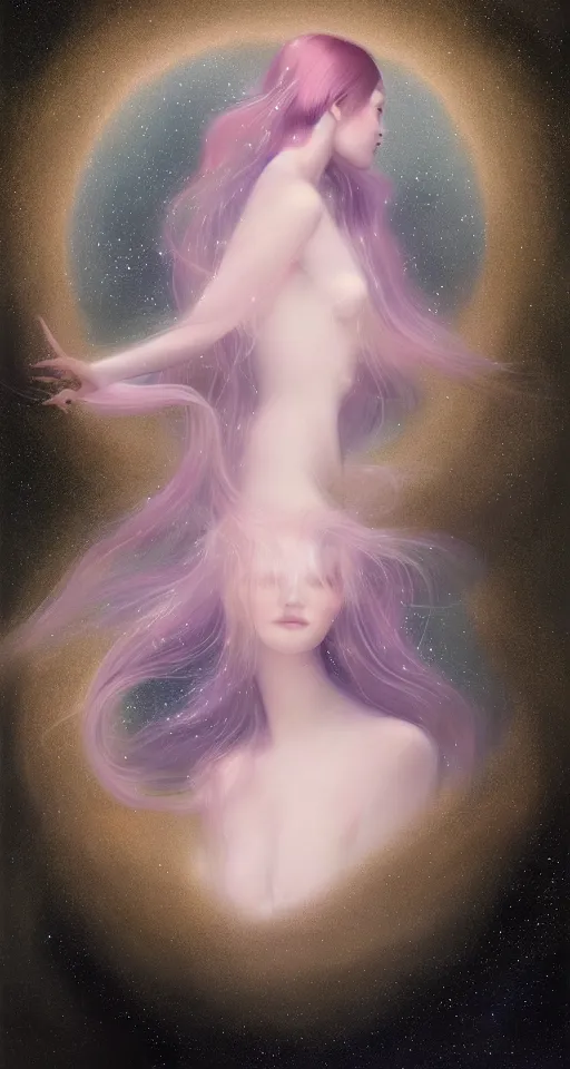 Prompt: breathtaking delicate detailed concept art painting beauty creature with starry night inside, by hsiao - ron cheng, bizarre compositions, exquisite detail, single, one person, pastel colors, 8 k