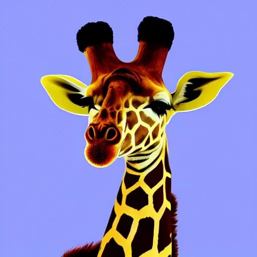 Image similar to photo of a beautiful giraffe with horns in a colorful meadow tom of finland style