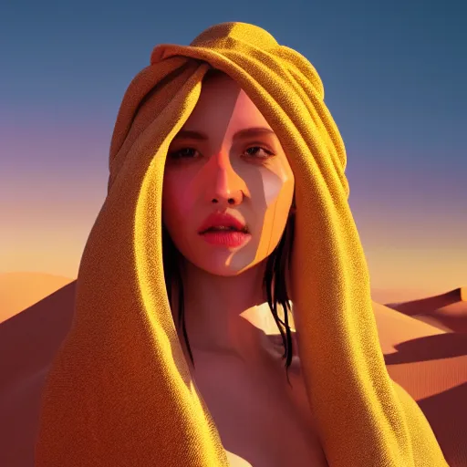 Image similar to innovative colorful avant-garde art, deco fashion, highly detailed, photorealistic portrait, serene desert setting, golden hour, crisp quality and light reflections, unreal engine 5 quality render