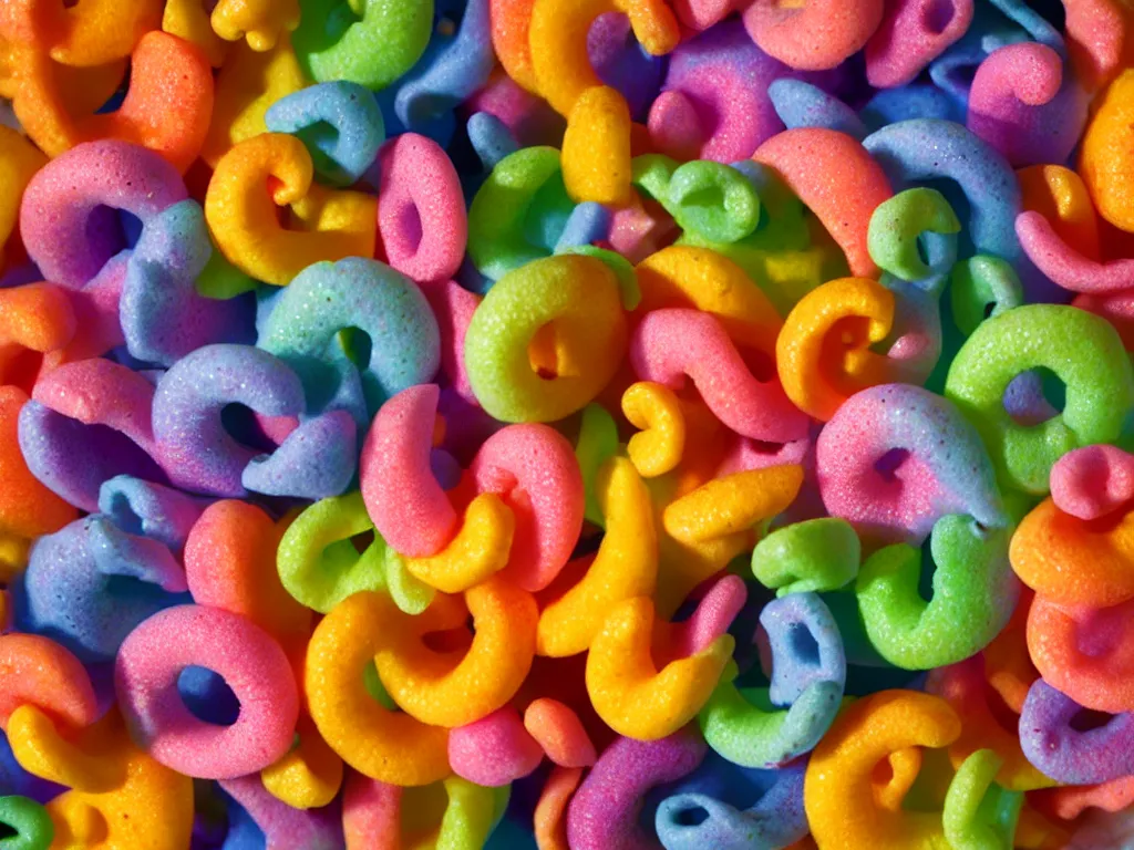 Image similar to bowl of fruit loops in milk, high realism, high detail, stylized, pixar, octane render