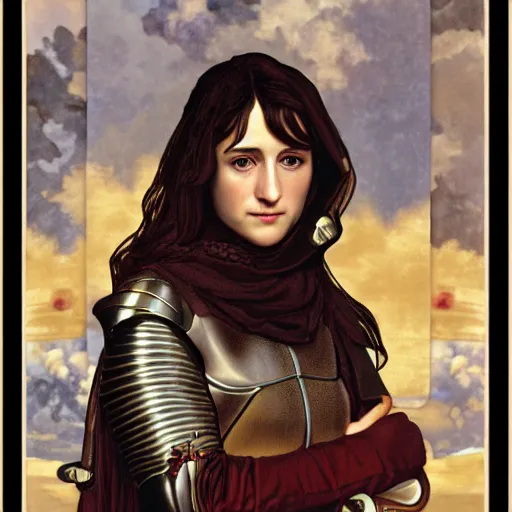 Image similar to portrait of charlotte gainsbourg as joan of arc, hyperreal digital painting, iconography influenced by alphonse mucha and eugene delacroix, arstation and deviantart trends, high resolution 8 k