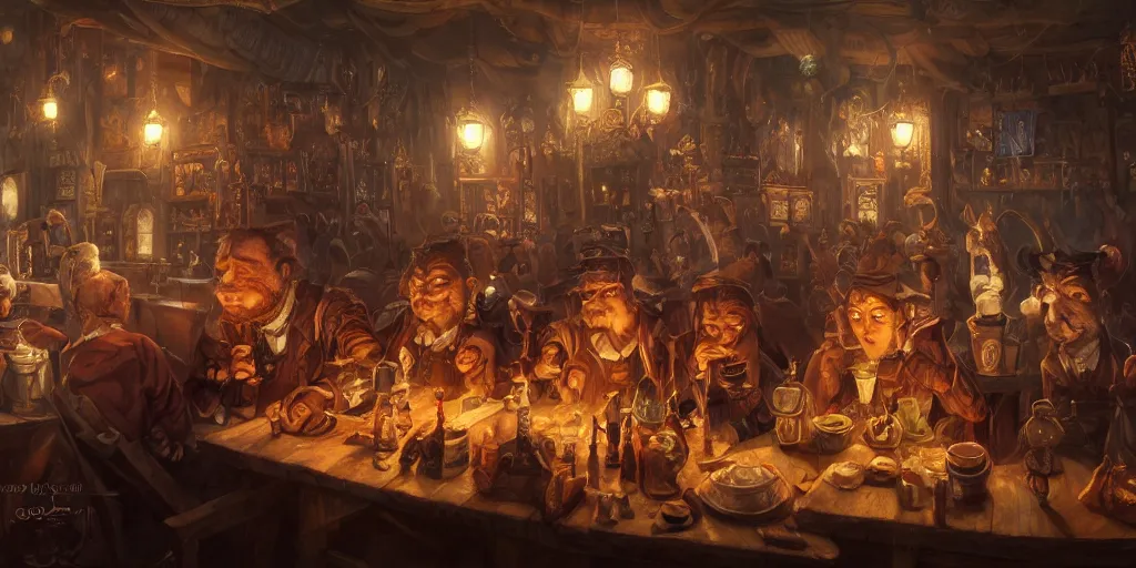 Image similar to busy tavern scene, Ultra realistic, intricate, mysterious, cinematic, Victorian, by Tony Sart and Anato Finnstark, 4k, 8k, illustration, concept art, photorealistic, award winning on Artstation, deviantart