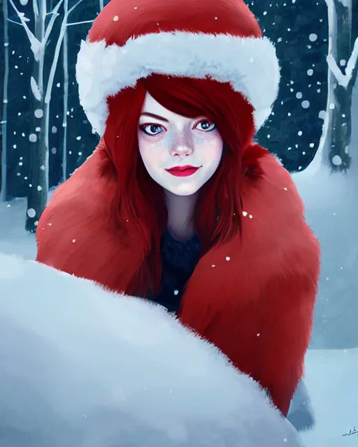 Image similar to emma stone with red hair in ushanka, winter forest decoration on the background, a beautiful half body illustration, top lighting, perfect shadow, soft painting, art by hidari and krenz cushart and wenjun lin