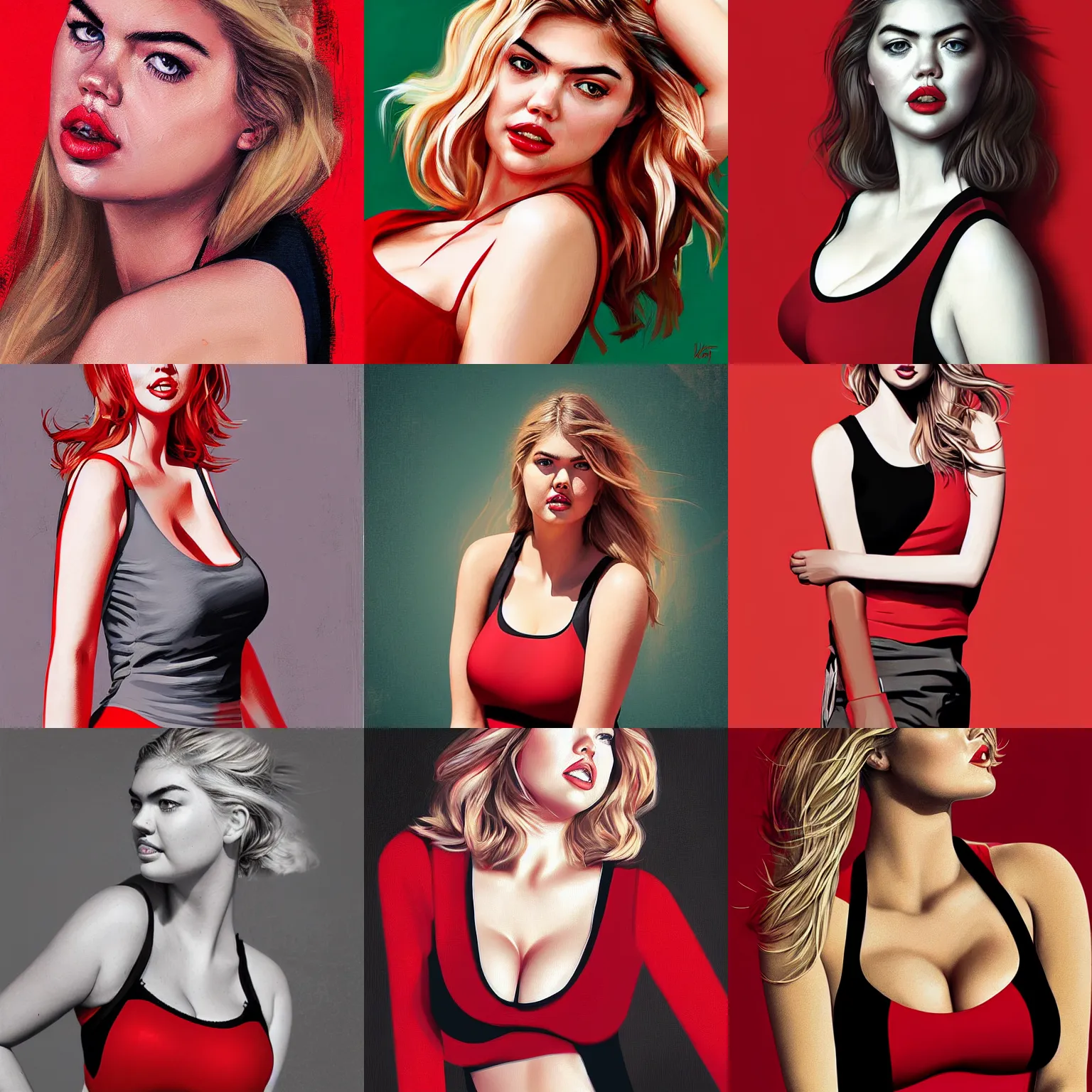 Prompt: kate upton, wearing tanktop, digital art, red and black color palette, by wlop