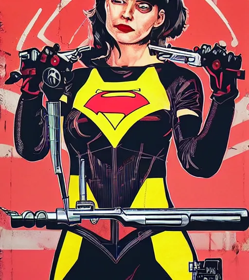Image similar to portrait of a female inventor holding a wrench, by dc comics and sandra chevrier