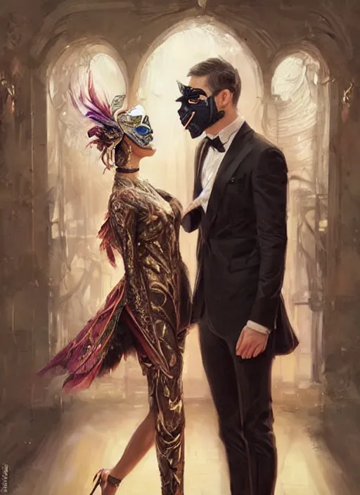 Prompt: a beautiful couple, a man and a woman, wearing elaborate masquerade masks and matching clothing, looking at each other with an alluring expression. painting by artgerm and greg rutkowski and magali villanueve