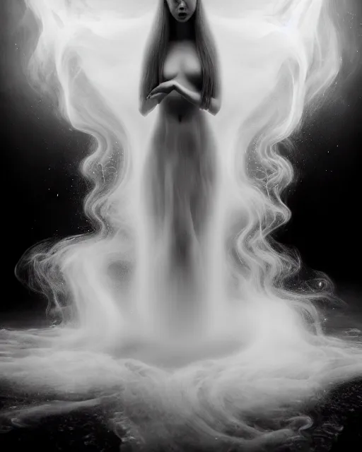 Image similar to monochrome, dreamy, subsurface scattering, white, young beautiful goddess in cosmos with very long white hair floating in air, fluid smoke art, black and white, octane render, dino valls, mark ryden, joe fenton, michal karcz, highly detailed, rim light, art, cinematic lighting, very coherent, hyper realism, 8 k