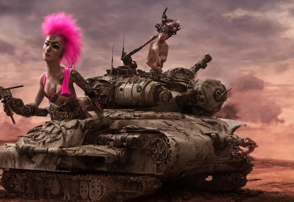 Prompt: beautiful apocalyptic tank girl with pink Mohawk, posing on mad max panzer tank, 4k ultra hd, fantasy dark art, artstation, octane render