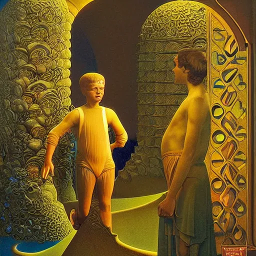 Prompt: 👨🏽🚀 🧬 by james c. christensen and maxfield parrish