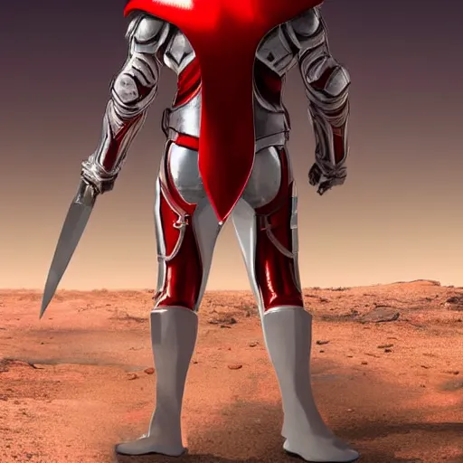 Prompt: portrait of a tall very muscular infantry man in glossy sleek white armor with tiny red details and a long red cape, heroic posture, on the surface of mars, night time, dramatic lighting, cinematic, sci-fi, hyperrealistic, movie still