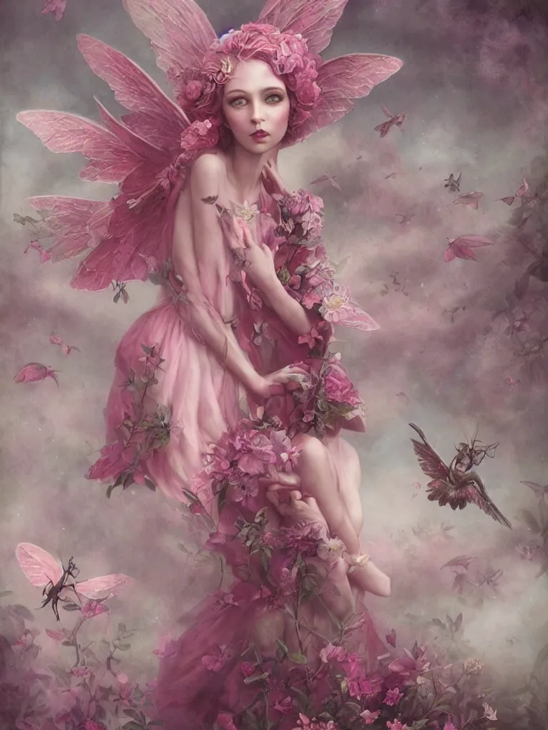 Image similar to one pink fairy with large wings exploring her lonely flower garden by herself in the style of tom bagshaw, extremely detailed, muted colors