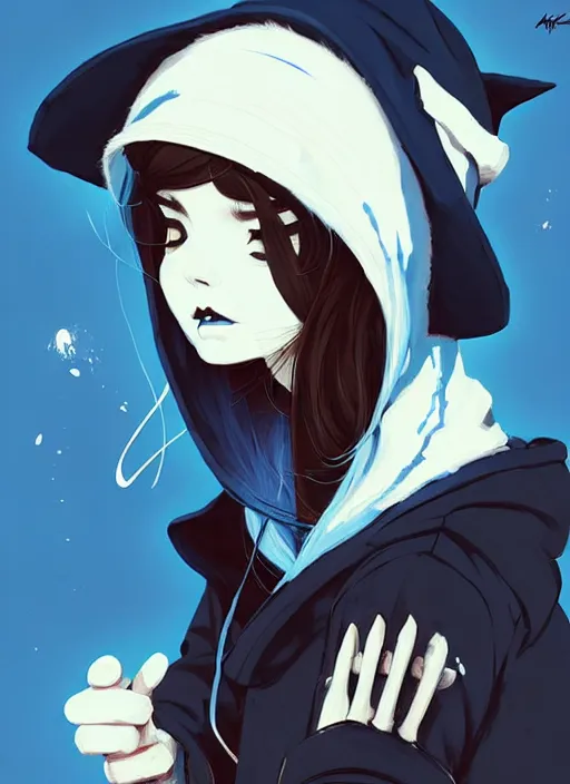Prompt: highly detailed closeup portrait of a witch young lady student, ( blue witch hat ), black hoodie, blue hair by atey ghailan, by greg rutkowski, by greg tocchini, by james gilleard, by joe fenton, by kaethe butcher, gradient, blue, black, brown and cream color scheme, grunge aesthetic!!! white graffiti tag wall background