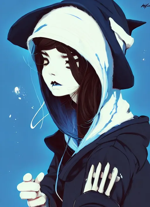 Image similar to highly detailed closeup portrait of a witch young lady student, ( blue witch hat ), black hoodie, blue hair by atey ghailan, by greg rutkowski, by greg tocchini, by james gilleard, by joe fenton, by kaethe butcher, gradient, blue, black, brown and cream color scheme, grunge aesthetic!!! white graffiti tag wall background