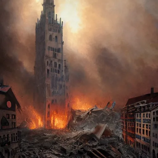 Image similar to a close detailed view of a jewish rabi screaming in panic!!!, city of munich destroyed by a meteor!!!, rubble!!, fires!! hyperrealistic, highly detailed, cinematic, foggy light from fires, beautiful, cgssociety, artstation, 8 k, oil painting by greg rutkowski, by artgerm, by wlop