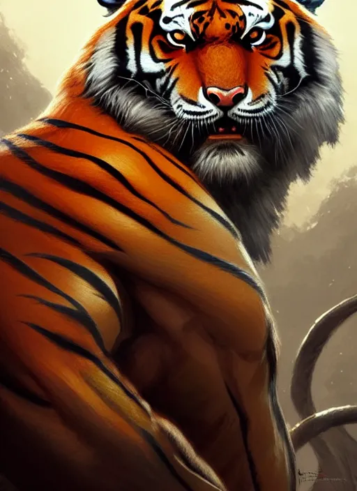 Prompt: portrait of tiger, d & d, muscular! fantasy, armour, intricate, elegant, highly detailed, digital painting, artstation, concept art, smooth, sharp focus, illustration, art by artgerm and greg rutkowski and alphonse mucha