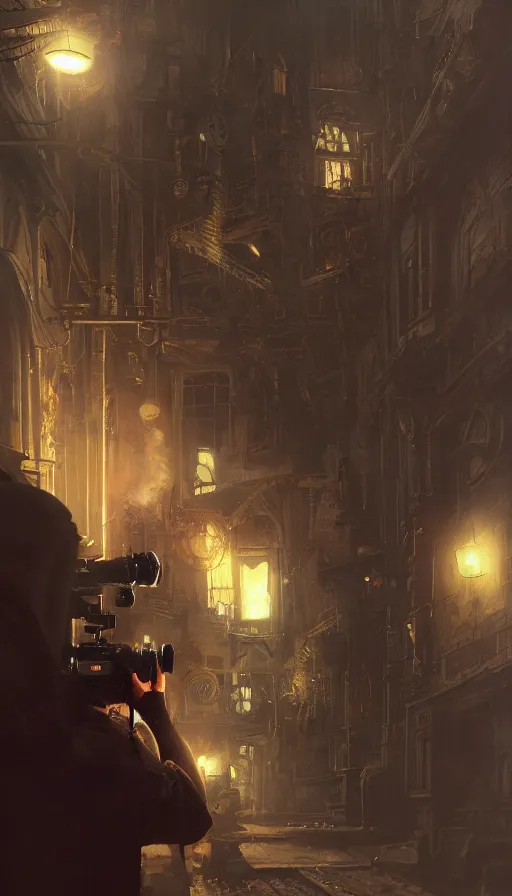 Image similar to hyper realistic photographer looking through camera towards viewer, magical, steampunk, painted by mike mignola, craig mullins, j. c. 8 k