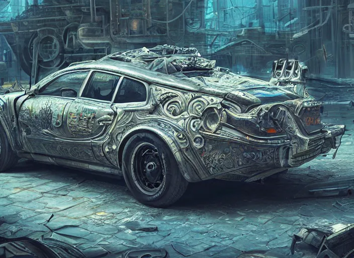 Image similar to detailed concept art illustration oil painting of a solarpunk muscle car in full intricate detail, ultra detailed, digital art, octane render, 4K, dystopian, micro details