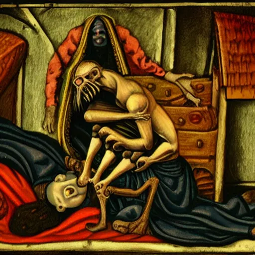 Prompt: the most terrifying sleep paralysis, medieval style, 4 k