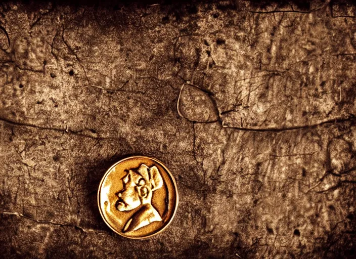 Image similar to old retro burnt out sepia photograph with scratches of an old and wrinkled man biting into a golden coin with his teeth. magical forest in the background with bokeh. Antique. High quality 8k. Intricate. Sony a7r iv 35mm. Award winning.