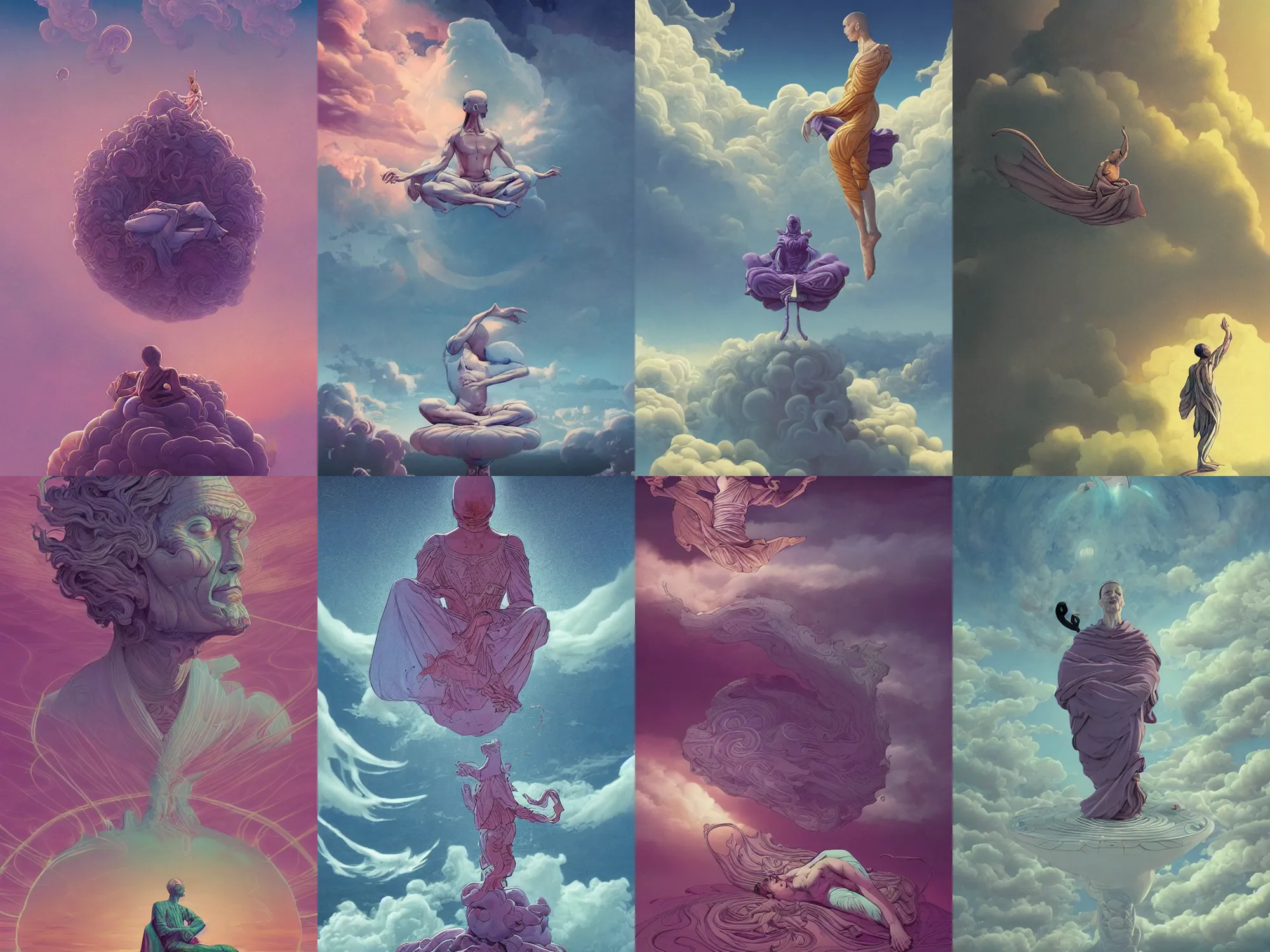 Prompt: a prince meditating and floating in the air, swirly clouds in the background, art by James Jean and Wayne Barlowe and moebius, high details , contrasted colors, cinematic, cgsociety 8k