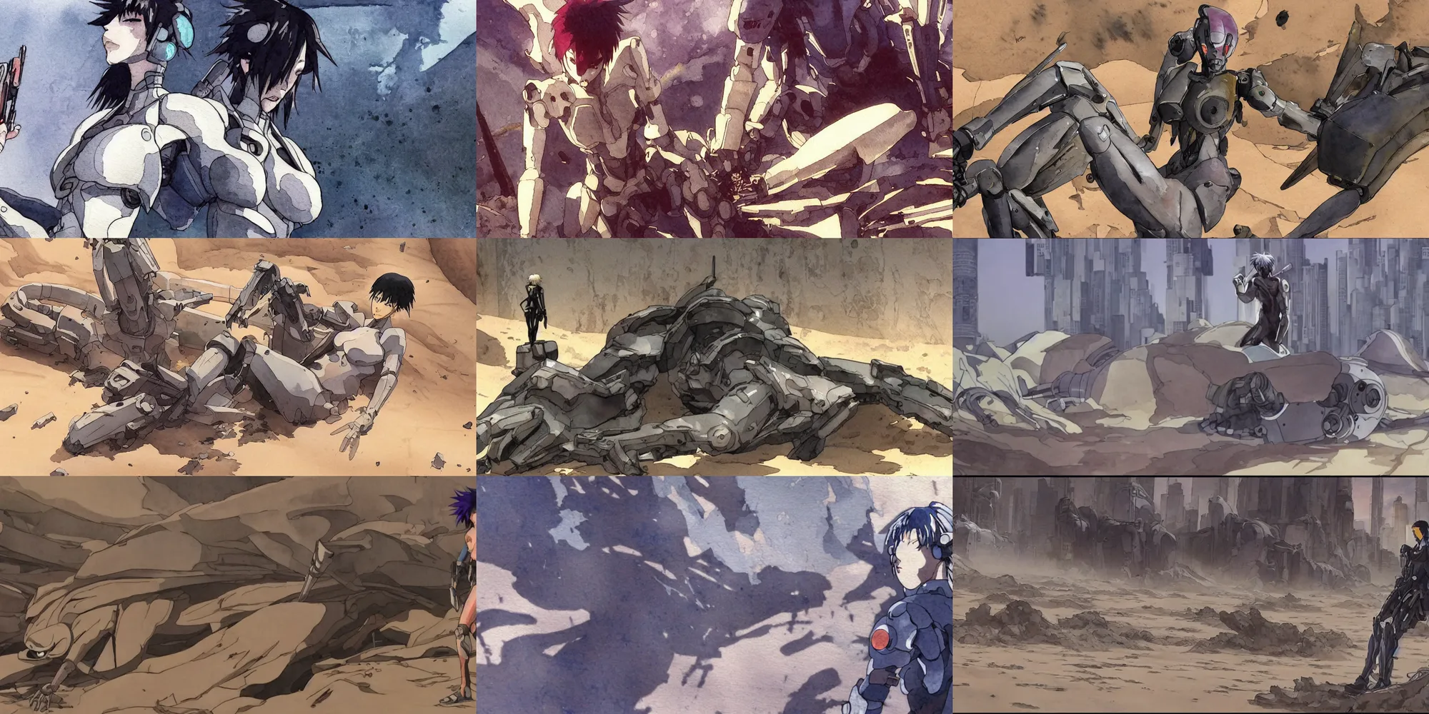 Prompt: incredible screenshot, simple watercolor, masamune shirow ghost in the shell movie scene close up broken Kusanagi, uncovering a rusting robot ribcage and spine poking out of sand dunes, in the desert, crazy looking rocks, chasm, death vally, cracks, brown mud, dust, impossible geometry, falling apart, take cover, bullet holes,last man standing, memorable scene, red, blue, orange, cool hair, melting, danger, death, chaos, bodies on the ground, heavy rain, pipes, metalic reflections, refraction, bounce light, phil hale,Yoji Shinkawa, bright rim light, hd, 4k, remaster, dynamic camera angle, deep 3 point perspective, fish eye, dynamic scene