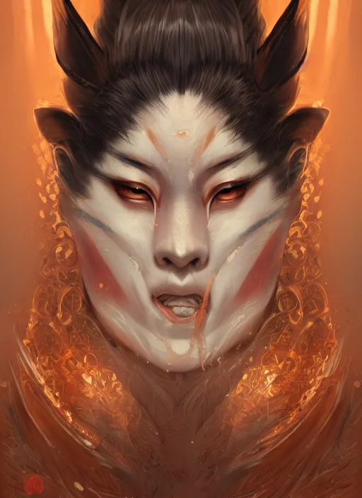 Image similar to a beautiful detailed oil on copper art illustration of a japanese kitsune samurai mask devil woman, centered, by charlie bowater, zeng fanzh, trending on artstation, dim dusk lighting, cinematic lighting, detailed lighting, volumetric lighting, realistic, f 8, 4 k hd wallpaper