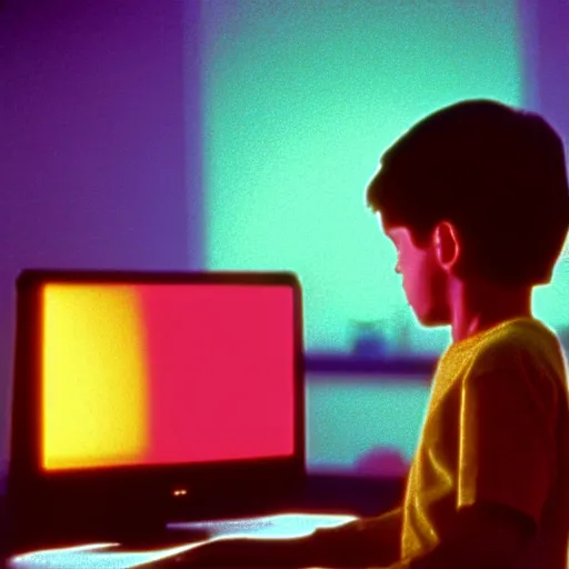 Prompt: defined colours 4k photograph of a standing figure of a five years old boy in front of a PC computer from 90s in the bedroom. from the 1994 Movie by Terrence Malick and Gaspar Noé and Alan Parker.