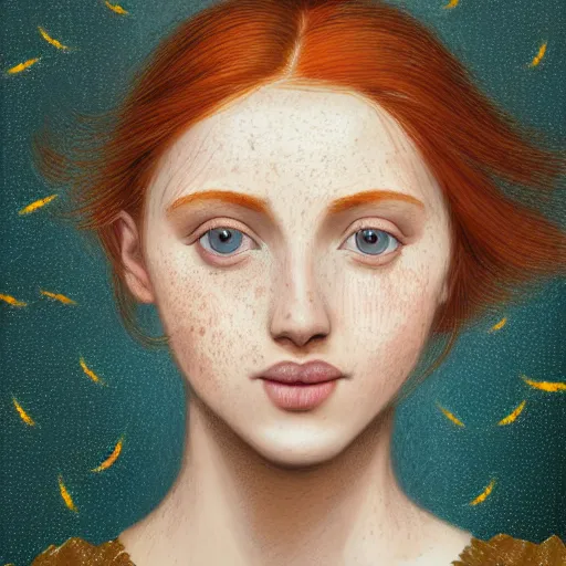 Prompt: portrait of a red haired girl, long hair, green eyes, hint of freckles, beautiful round face, soft amazed smiles, among golden fireflies, highly detailed, deep focus, elegant, digital painting, smooth, sharp focus, golden ratio, illustration, ultra realistic, 8 k, art by leonardo da vinci