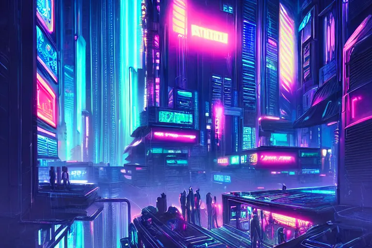 Prompt: painting of a modern cyberpunk city, neon lights, fine details, magali villeneuve, artgerm, rutkowski