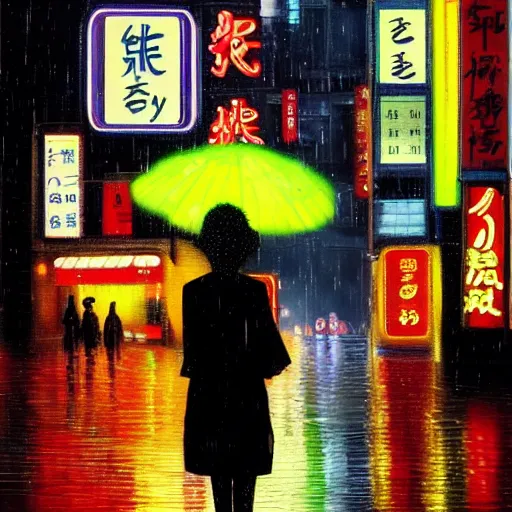 Prompt: a woman holding an umbrella, walking down the streets of tokyo, with neon signs, while it's raining. extremely detailed, oil on canvas. award winning