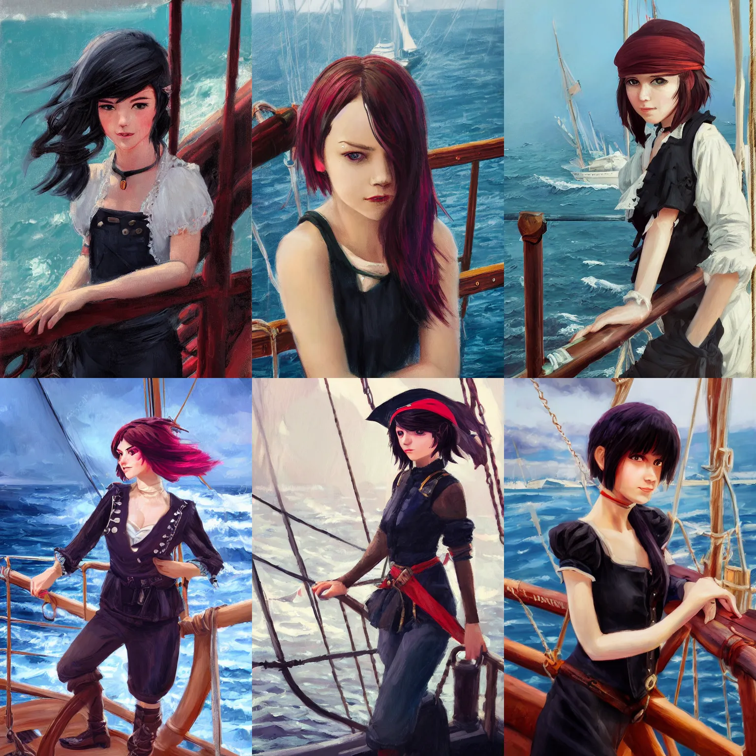 Prompt: a portrait of a cute female pirate with black bob cut hair leaning against the railing of an sailing ship, pirate setting, sails, ocean, mist, vivid colors, soft lighting, atmospheric, cinematic, moody, in the style of Ilya Kuvshinov, oil on canvas, 8k