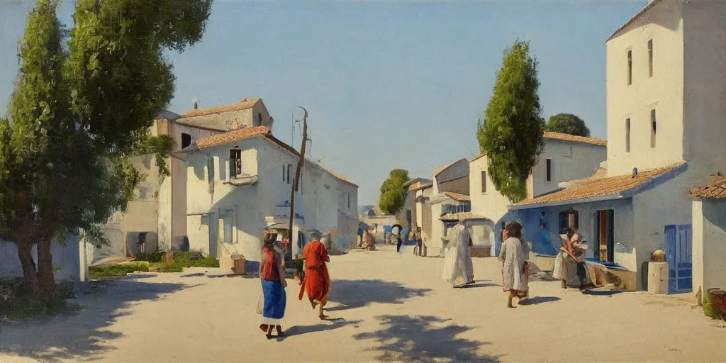 Image similar to a beautiful extremely complex painting of a mediterranean fishing village in summer by peter ilsted, whitewashed housed, tall cypress trees, blue shutters on windows, people walking down a street, trending and featured on artstation and behance