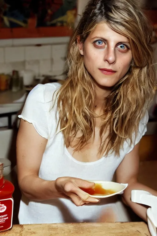 Image similar to melanie laurent pouring a vat of ketchup on herself