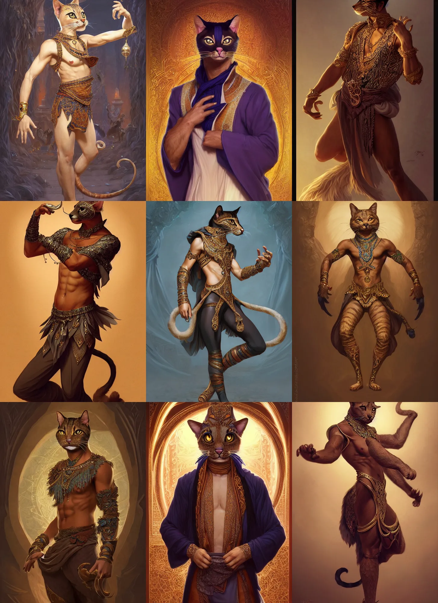 Prompt: full body photograph of a male anthropomorphic cat man fursona arabian dancer, deep focus, intricate, elegant, highly detailed, digital painting, artstation, concept art, matte, sharp focus, illustration, d & d, fantasy, hearthstone, art by artgerm and greg rutkowski and alphonse mucha