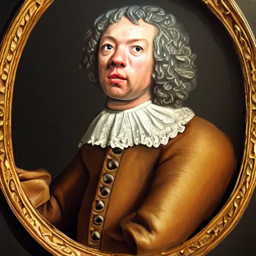 Image similar to A 17th century Baroque Painting of Dean Ween, grainy, realistic, hyperrealistic, very realistic, very very realistic, highly detailed, very detailed, extremely detailed, detailed, digital art, trending on artstation, detailed face, very detailed face, very detailed face, realism, HD Quality, 8k resolution, intricate details, body and head in frame, painting, oil painting, trending on deviantart, Baroque Painting