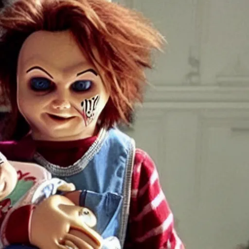 Image similar to Johnny Depp holding Chucky the killer doll