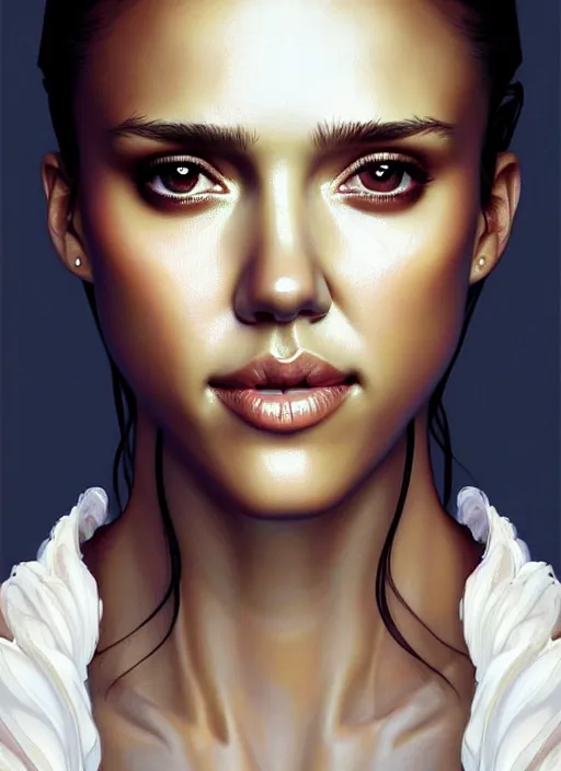 Image similar to half Jessica Alba half Nathalie Portman the pure gorgeous opulent white angel, gorgeous full body portrait, slight smile, diffuse studio lights, autumn lights, highly detailed, digital painting, artstation, concept art, sharp focus, illustration, art by wlop and greg rutkowski and alphonse mucha and artgerm