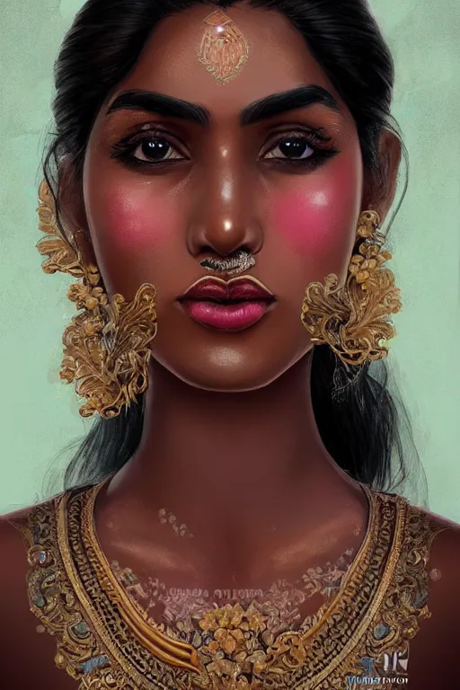 Image similar to A bust of a beautiful black skinned Sri Lankan girl with lovely lips and smooth eyebrows and straight hair, HD, illustration, epic, fantasy, intricate, elegant, amazing detail, digital painting, artstation, concept art, smooth, sharp focus, illustration, art by Turine Tran