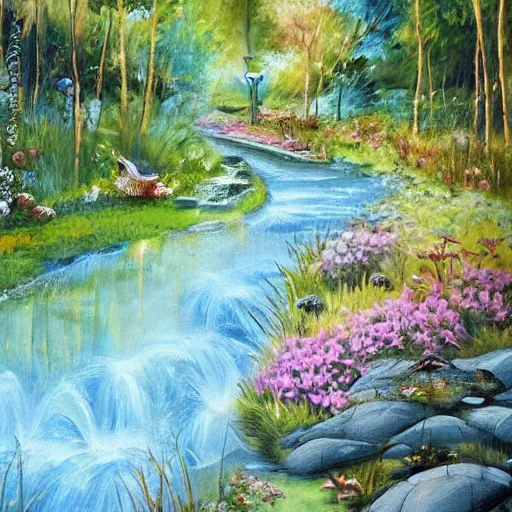 Image similar to Small cosy stream in city of the future in harmony with nature. Nice colour scheme, soft warm colour. Beautiful detailed painting by Lurid. (2022)