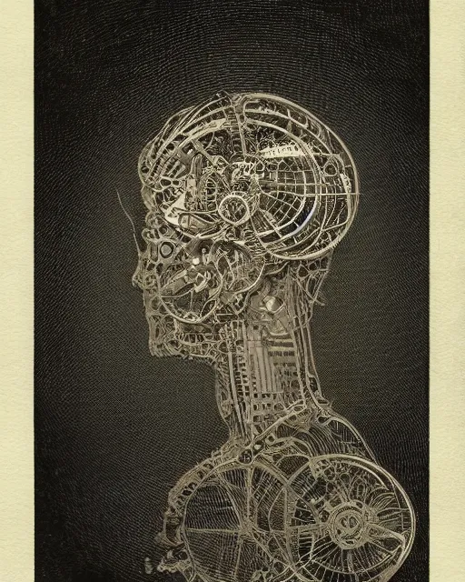 Image similar to intricate machinery in a human head. antique cyborg almacan pierre matter organic mechanical hybrid louis poyet