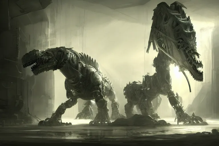 Image similar to robosaurus parallax datacenter server room interior single mono colossus white rusty robot sitting artstation cinematic detailed concept art volumetric light sharp coherent cgsociety symmetric perfect well balanced shadows lotr technogoddess