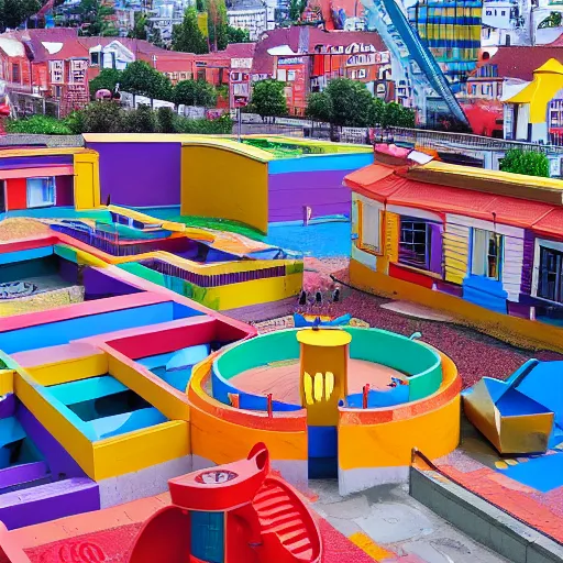 Prompt: A city but the buildings shaped like parts of a colourful play park, colourful, city, play park, dreamy