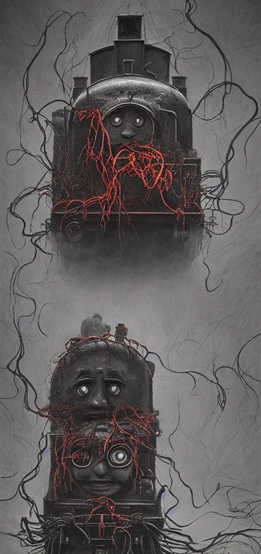 Image similar to thomas the tank engine in style of zdzisław beksinski, extremely dramatic lighting, 8 k, tendrils, black, darkness, black slime tendrils, infected, rust, body horror, thomas the train, thomas the tank engine face, horror,