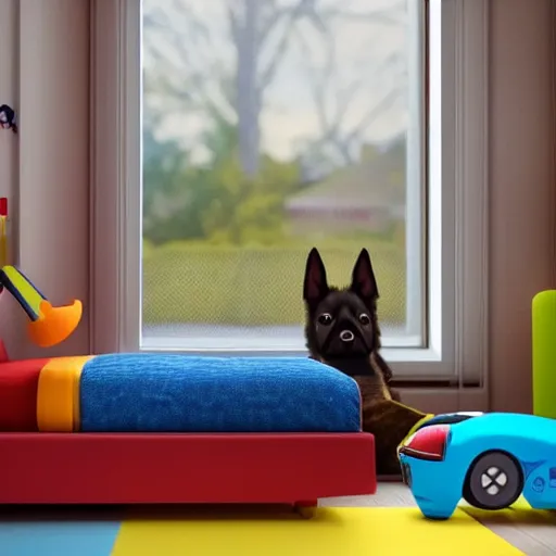 Image similar to eye - level view, in a child's bedroom filled with toys there is a bed under a window with a colorful bedspread. a super cute gsd puppy runs and jumps on the bed and plays with its toys. hilarious, funny, back to school comedy, cg animation, 3 d octane render, imax 7 0 mm,