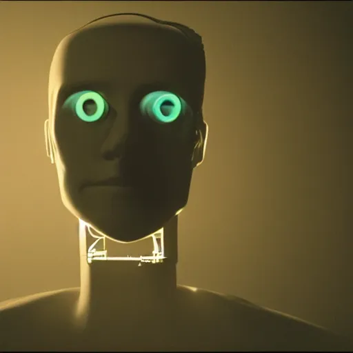 Prompt: movie scene of a man with a robot head, movie still, cinematic lighting, Movie by David Lynch