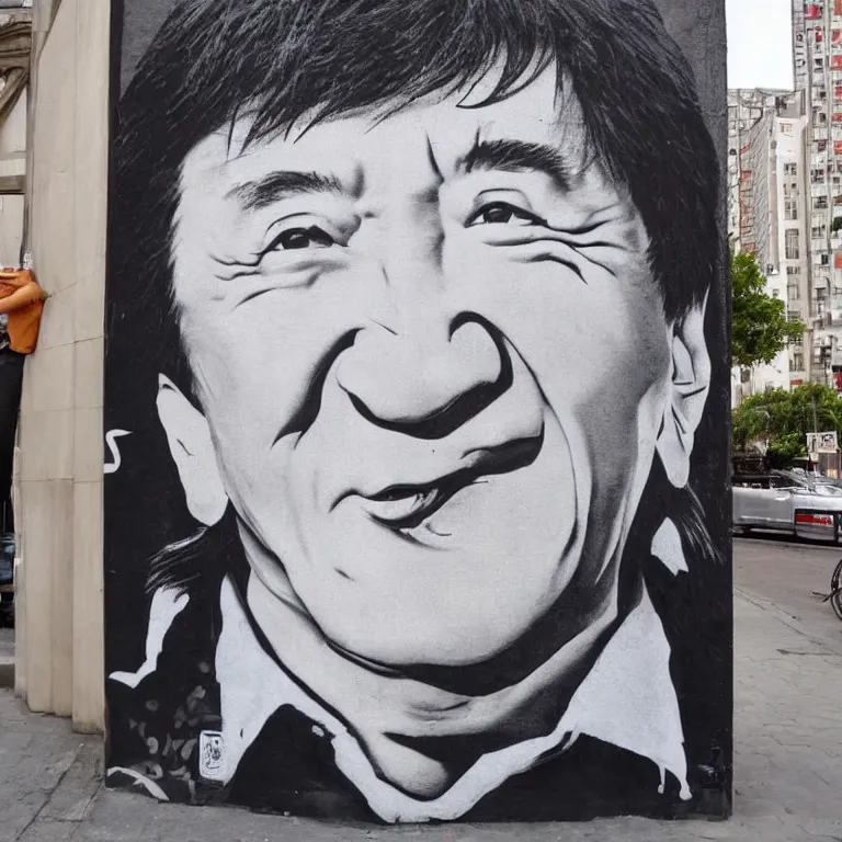 Image similar to Street-art full-body portrait of Jackie Chan in style of Banksy